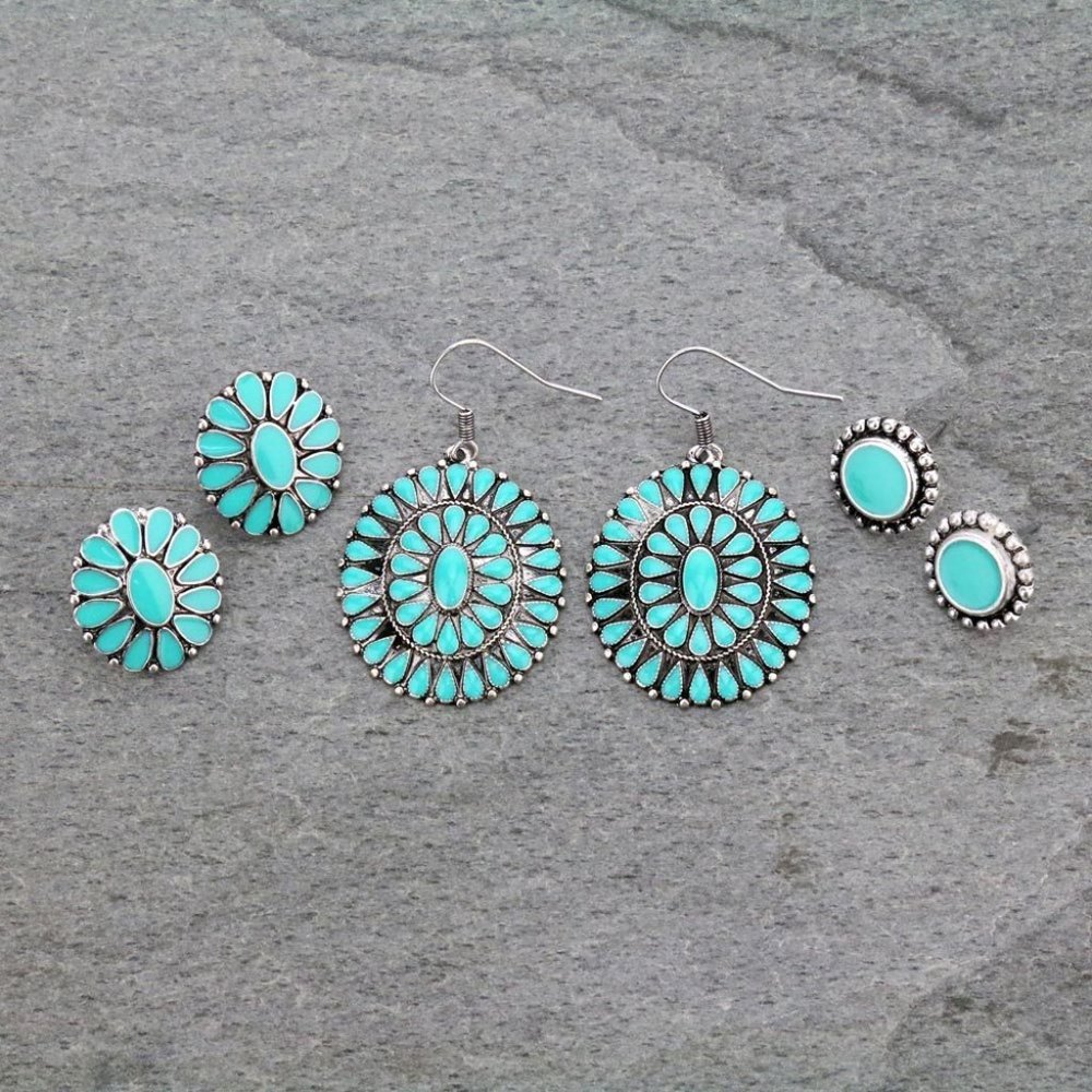Faux Turquoise Earring Set 3 Pairs Squash Blossom - Picture 6 of 8
